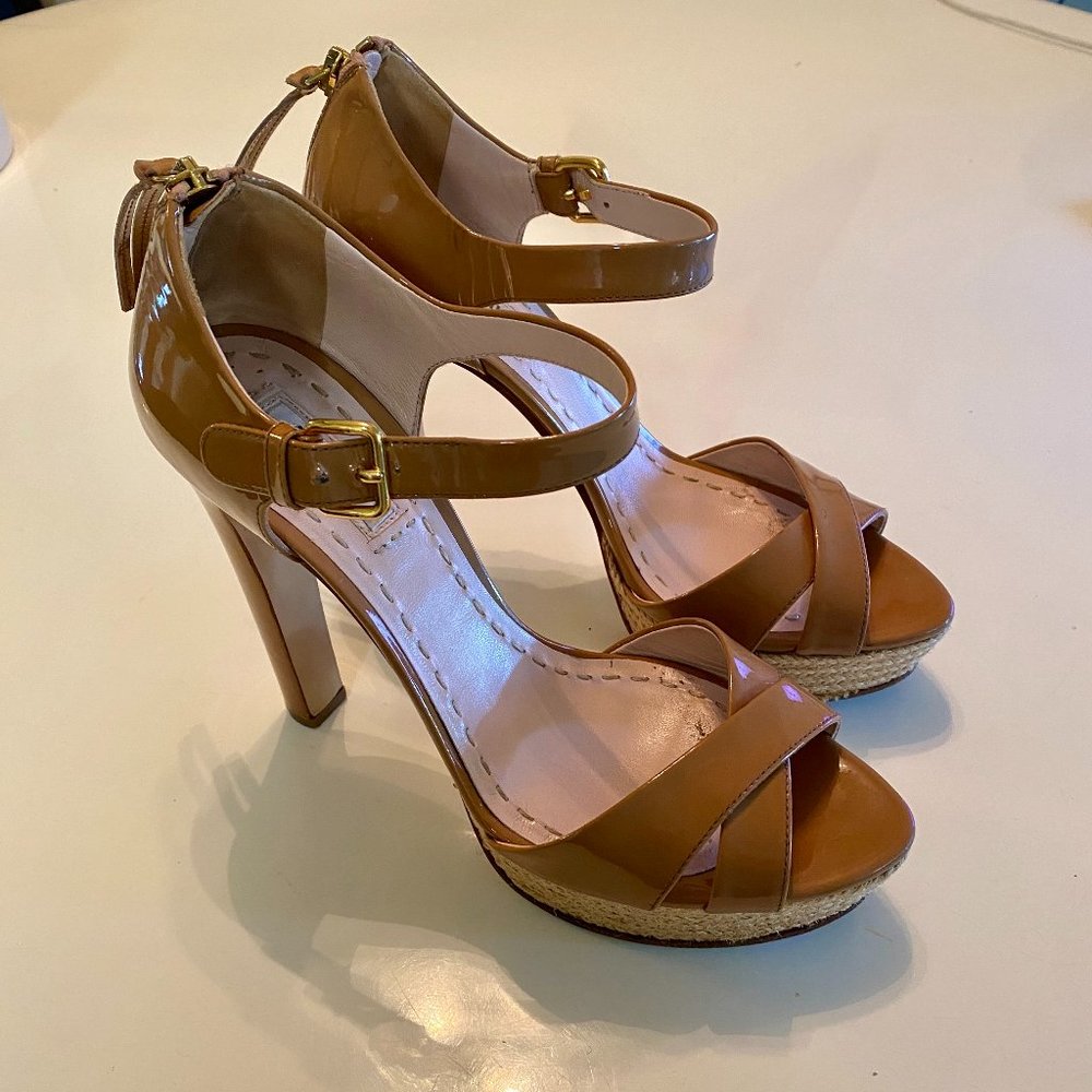 MIU MIU Beige Patent Leather Espadrille Platform Ankle Strap Sandals